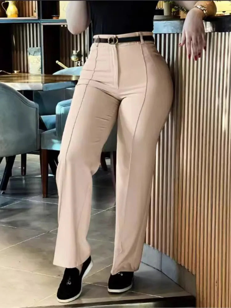 Elegant High Waist Straight Leg Women's Work Pants Polyester