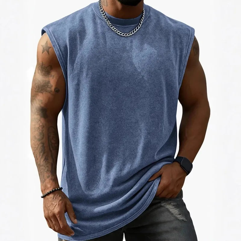 Men Vintage Washed Solid Crew Neck Sleeveless Tank Top Loose Fit Heavy Cotton Casual Fitness Summer Vest