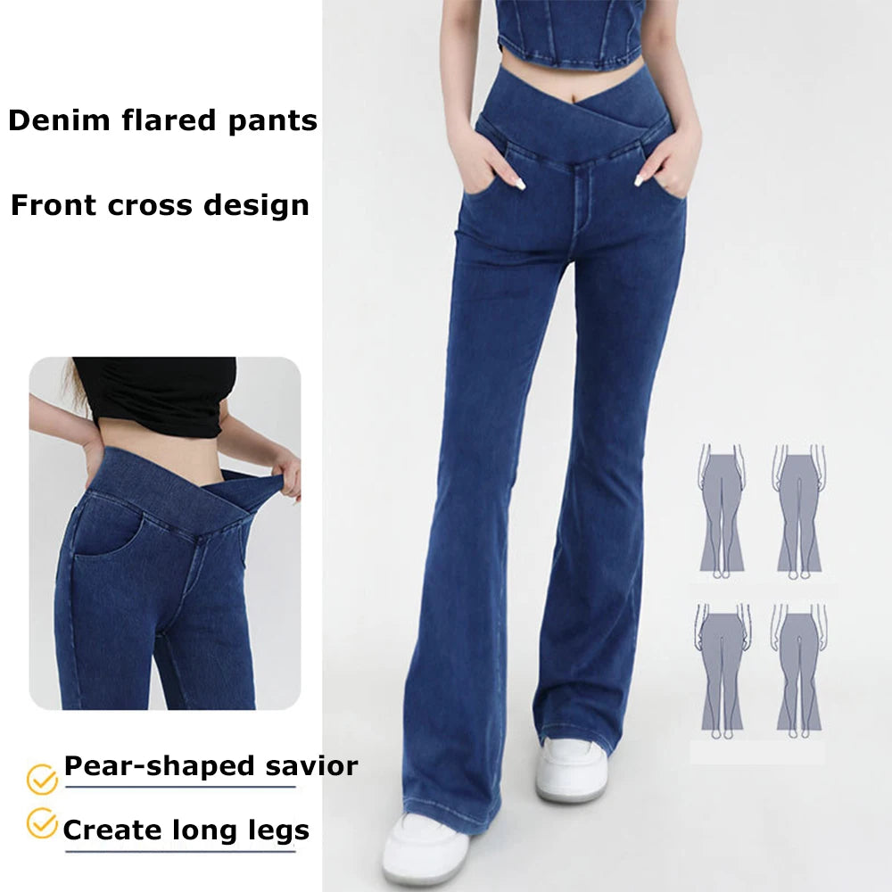 Flared Yoga Jeans for Women with Elastic Waist Design