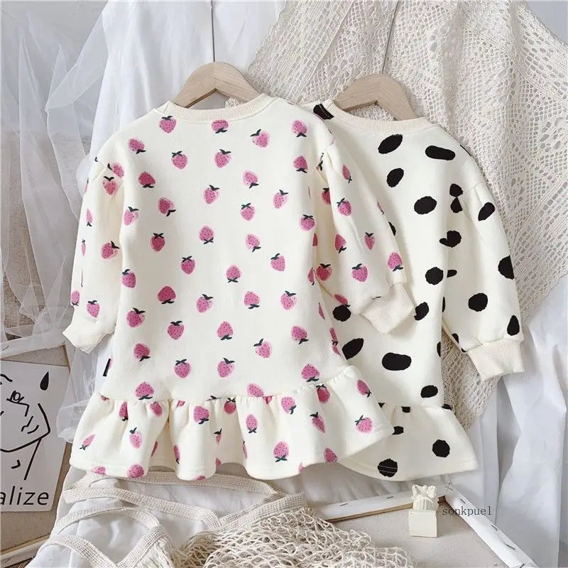 Korean Girls' Pleated Dress with Cartoon Strawberries
