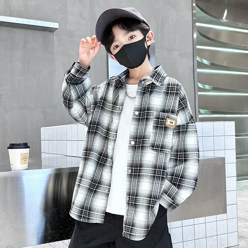 Boys Long Sleeve Plaid Shirt in Black and White for Kids
