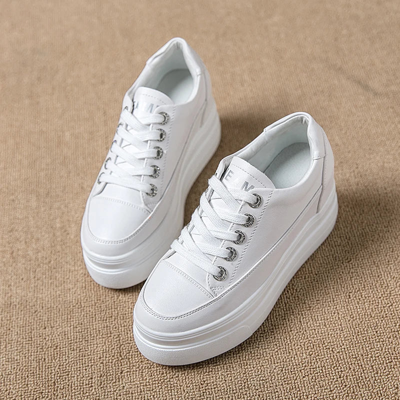 Women's White Platform Sneakers with 8CM Heels for Autumn