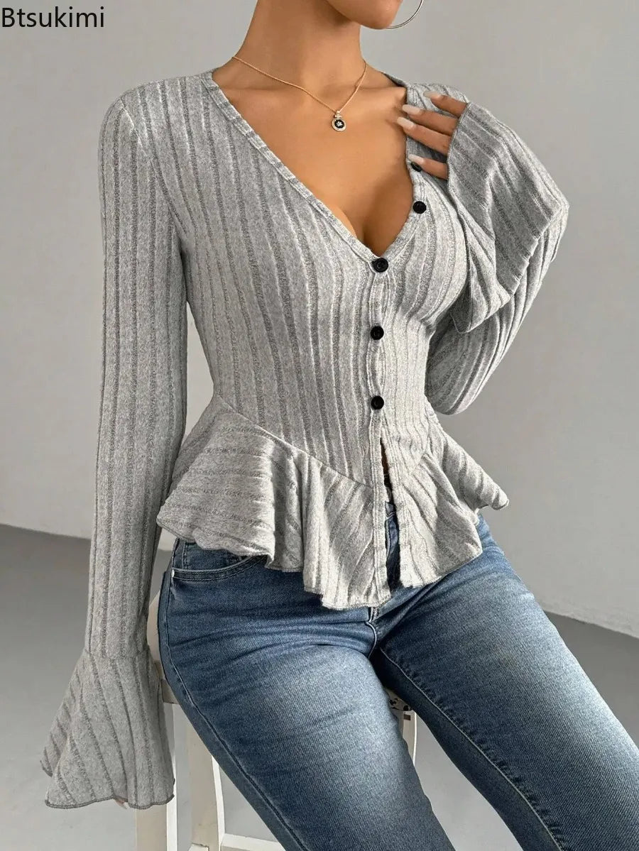 2026 Women's Sexy V Neck Ruffle Trim Slim Brushed Tops Spring Autumn Fashion Long Sleeve T-Shirts Female Elegant Commuting Tops
