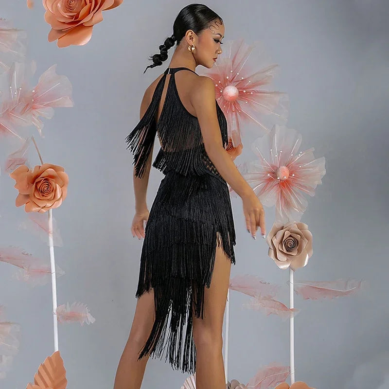 Elegant Black Backless Fringe Dress for Latin Dance Competitions