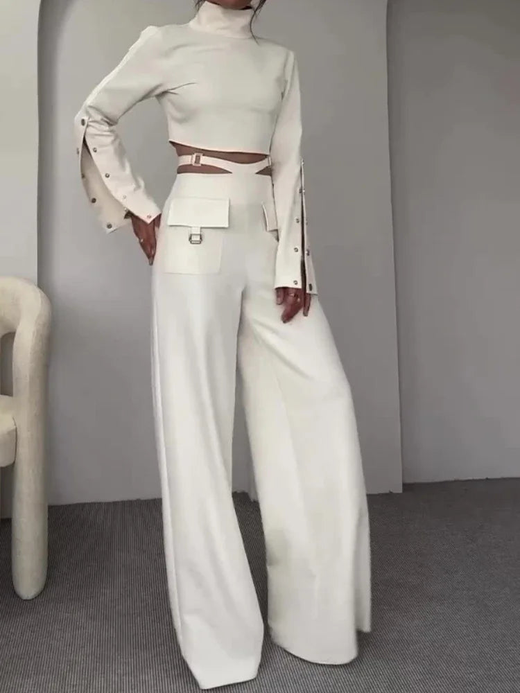 Elegant Women Turtleneck Pant Set with Wide Leg Pants