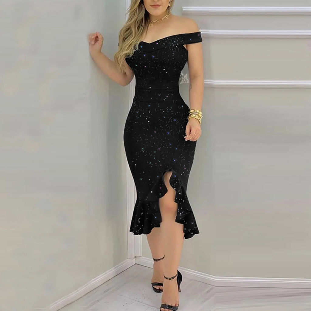 Elegant Off Shoulder Sequin Dress for Women by MALEY LifeStyle