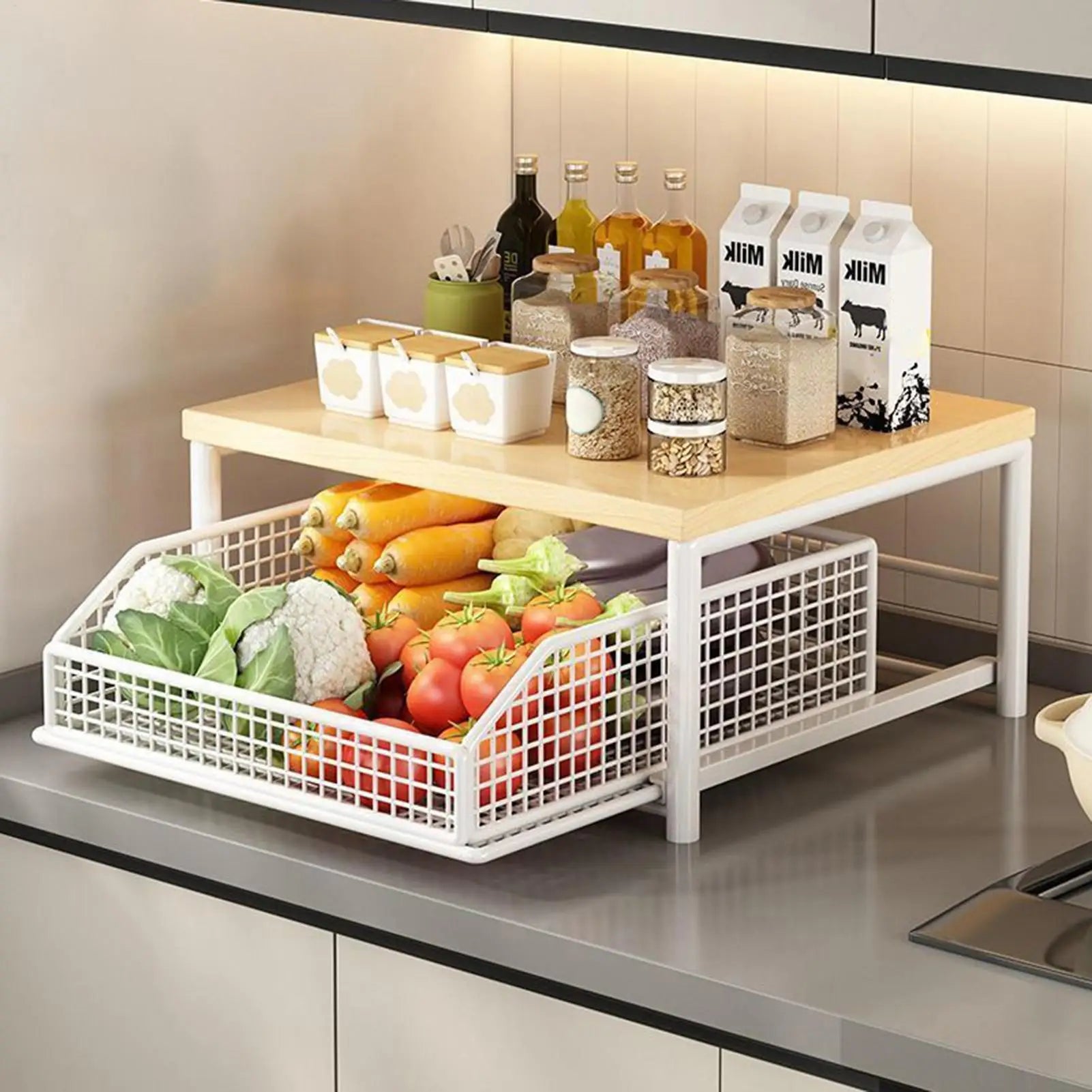 Wooden Kitchen Storage Rack with Drawer for Small Spaces