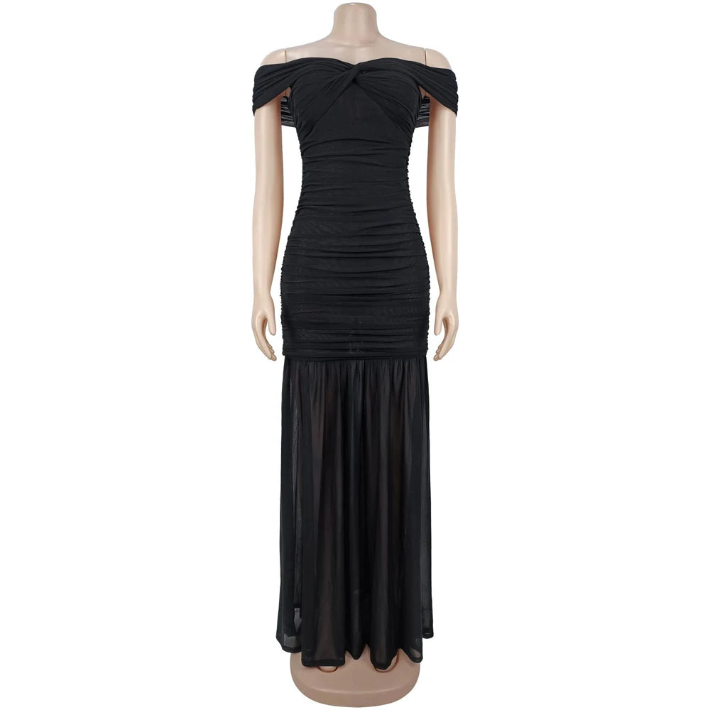 Elegant Off Shoulder Ruched Maxi Dress for Evening Events