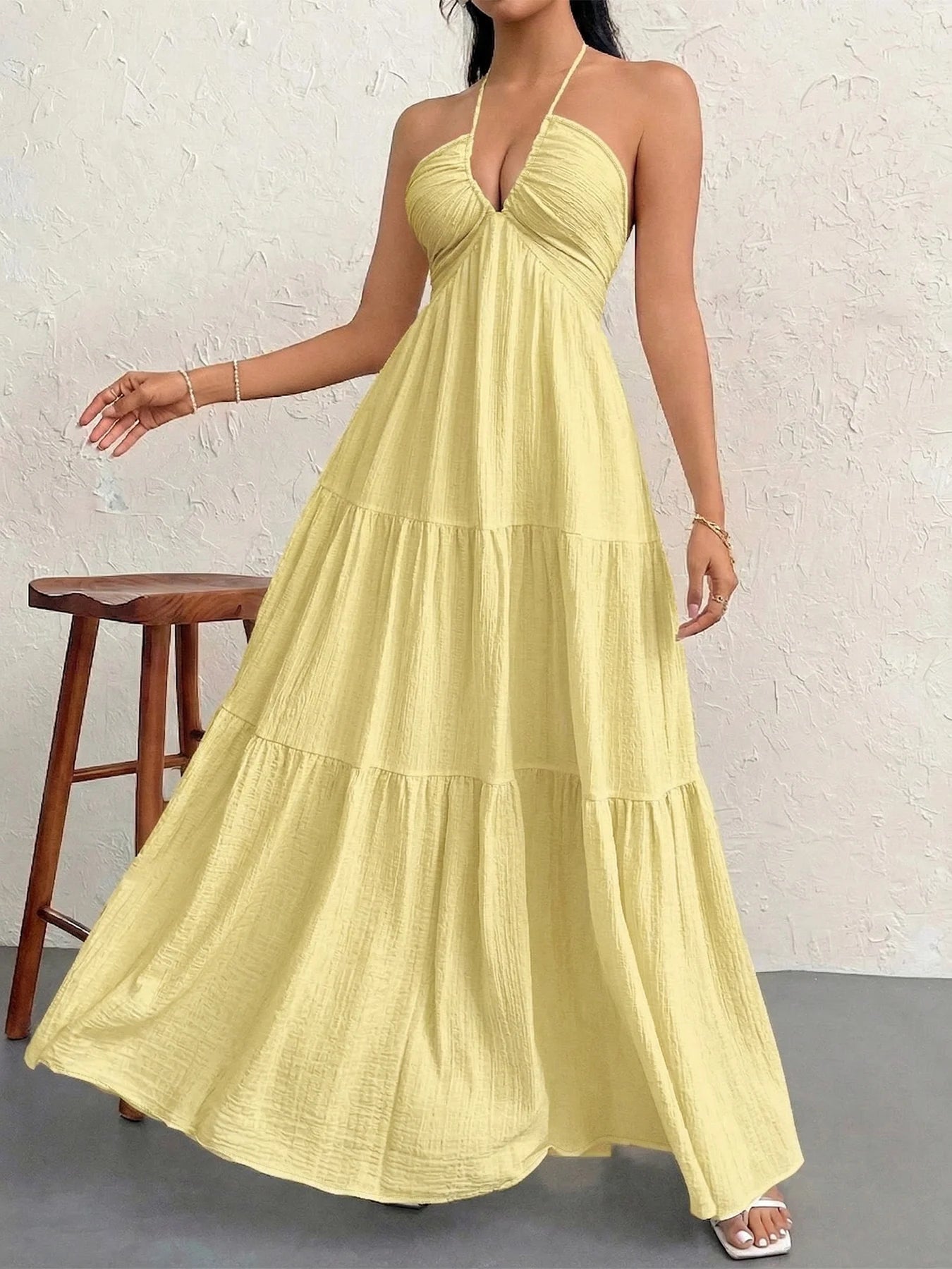 Yellow Tiered Flowy Halter Dress for Women by MALEY LifeStyle