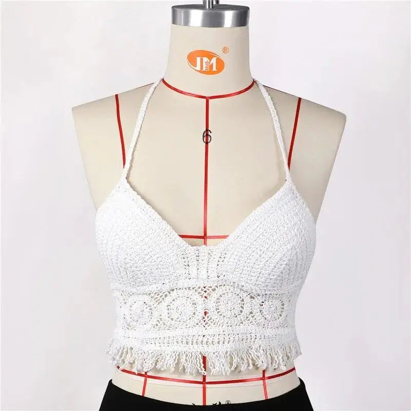 Woman Sexy Top Crochet Tank Tops Women Corset Tanks Crop Camisole Open-Knit Camis with Built-in Pad Tassels Bralette Beach Tops
