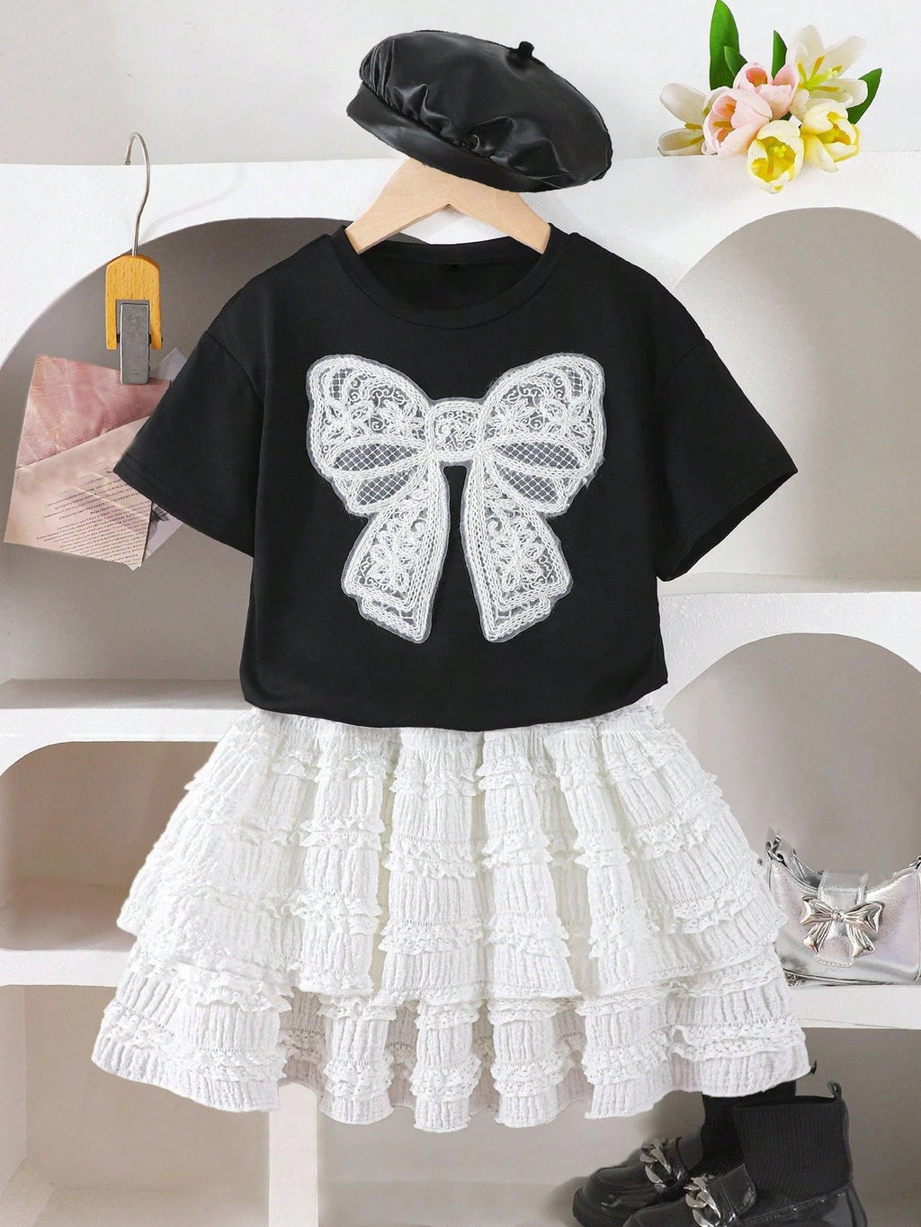 Girls' Cute Summer Two-Piece Set: Black Bow T-Shirt & White Skirt