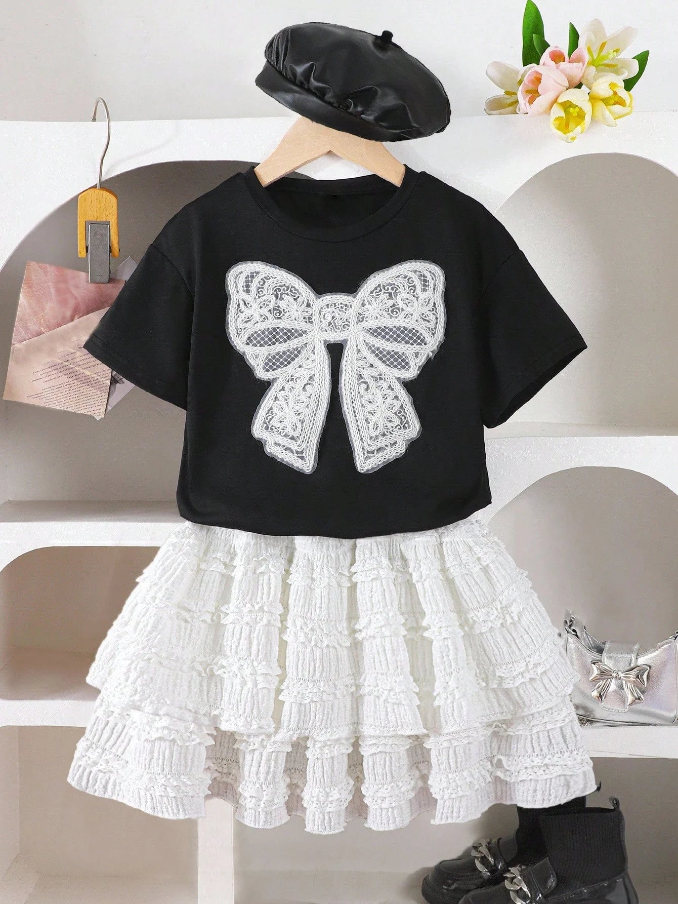 Girls' Cute Summer Two-Piece Set: Black Bow T-Shirt & White Skirt