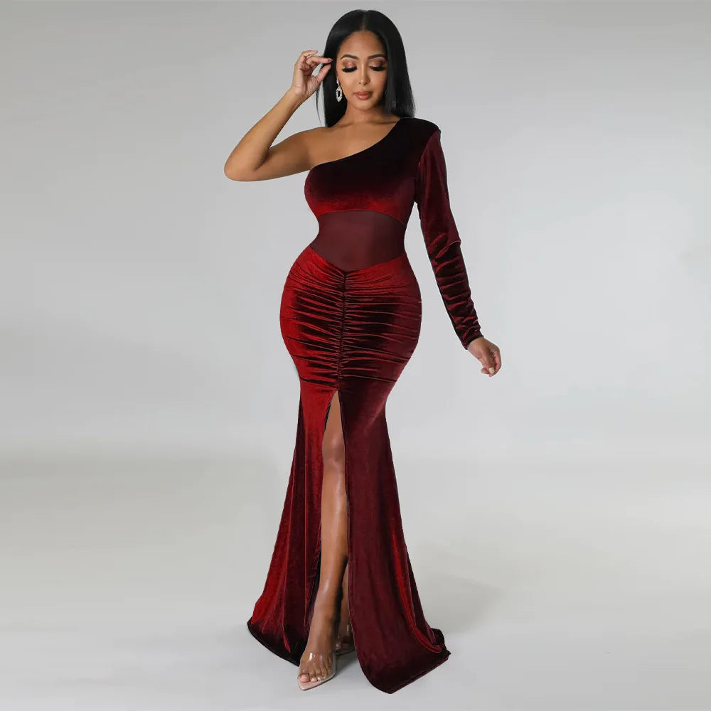Floor-Length Evening Dress with Diagonal Collar by STEFION