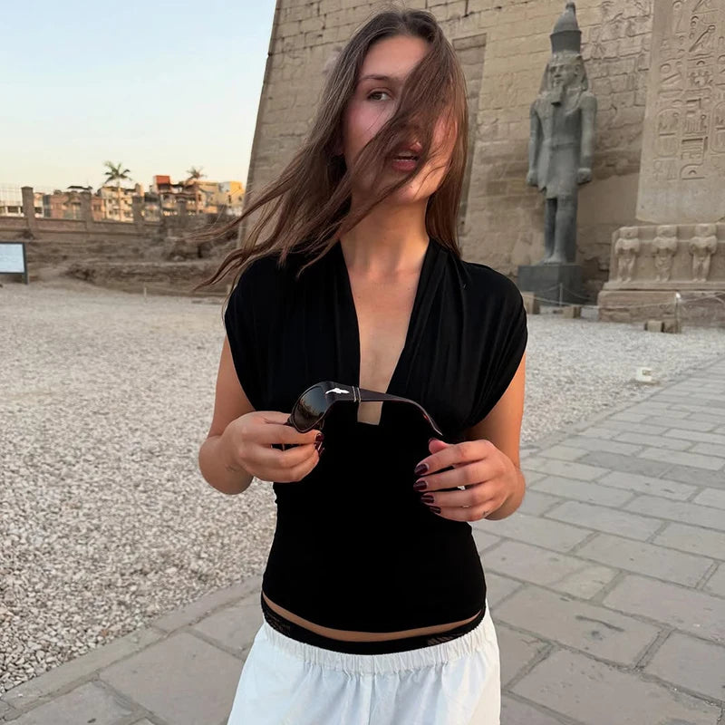 Sexy V neck Tanks Top Women Backless Lace Up Ruched Crop Top Vest Tee Y2K Slim Club Party Top Hot Girl 2026 Summer New Tops