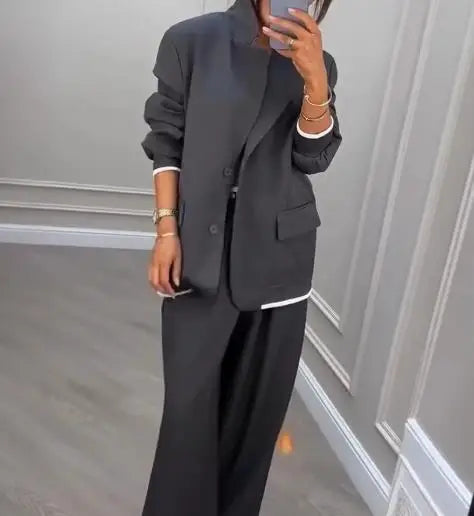 Stylish Grey Blazer and High Waist Pants Set for Women