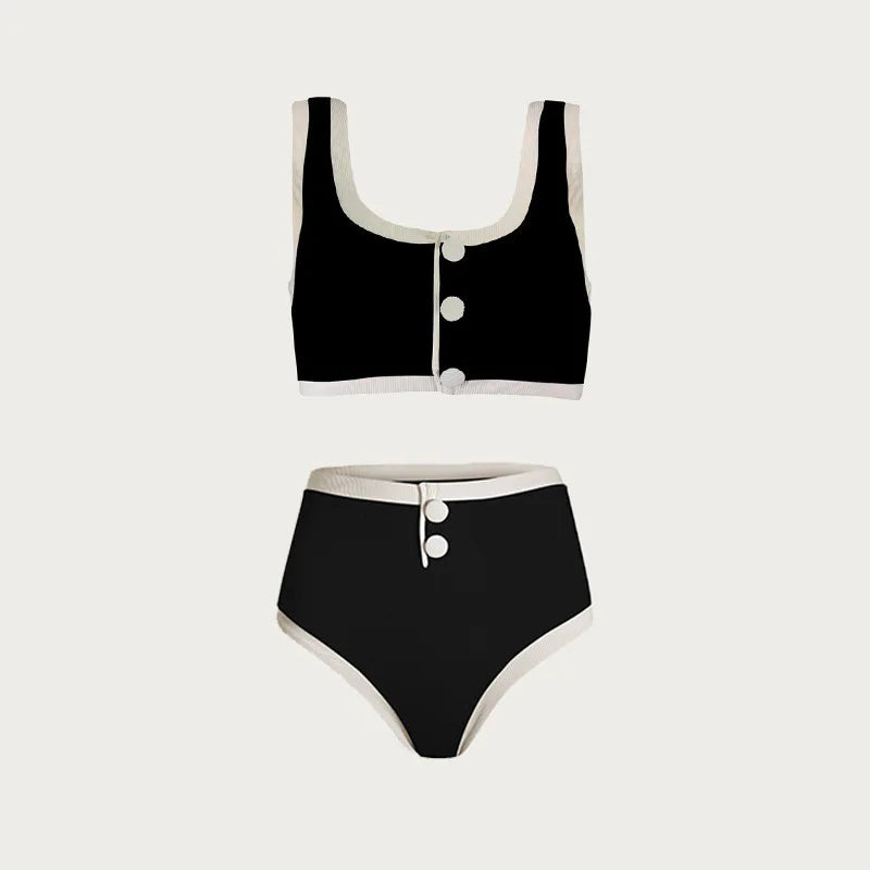 Trendy Retro Black And White High-Waist Bikini Swimwear