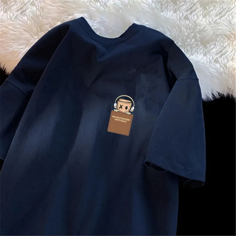 American Style Vintage Fashion Simple Design Print Cotton Men T Shirt Oversized Sports Short Sleeve Round Neck Couple Unisex Top