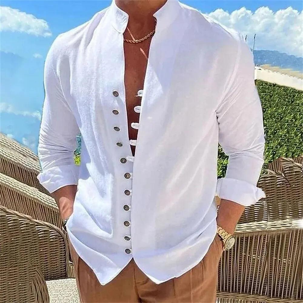 Casual Cotton Linen Shirt for Men in Solid Color