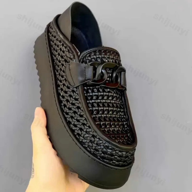 Men's Shoes 2026 New Thick Soled Height Increasing Trend Breathable Loafers Fashion Retro Weave Versatile Platform Casual Shoes