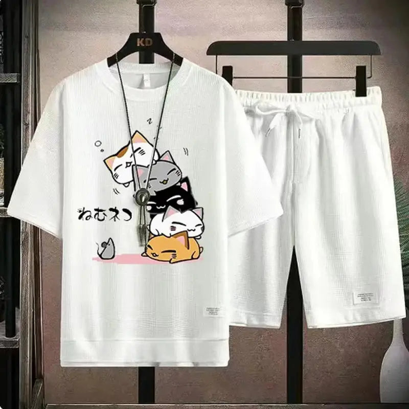 Men's Summer Waffle Set Brand Fashion Casual T-shirt+Shorts Set Men's Sports Set Loose ComfortableSlo Two-piece Set