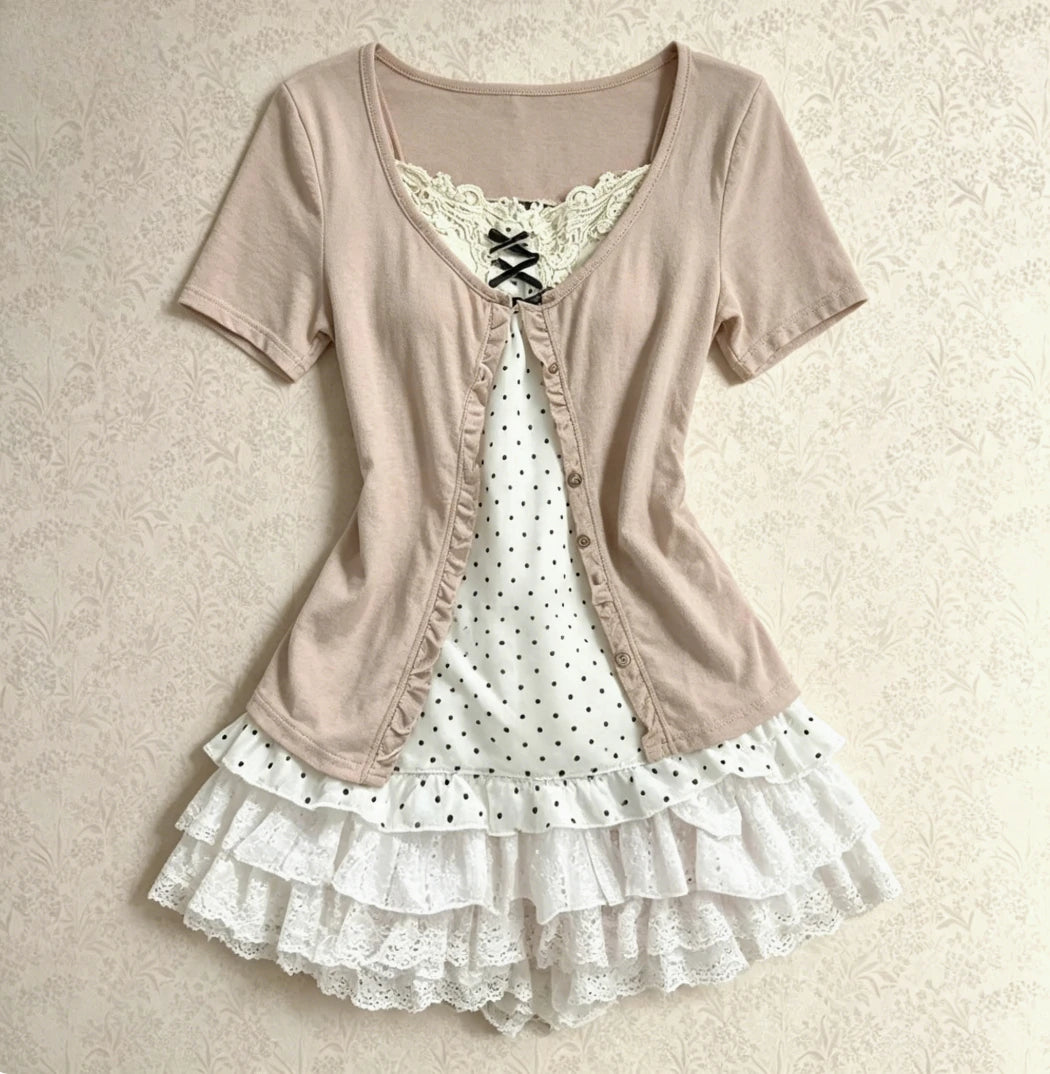 Y2K Vintage Two Piece Dress with Lace Cardigan for Juniors