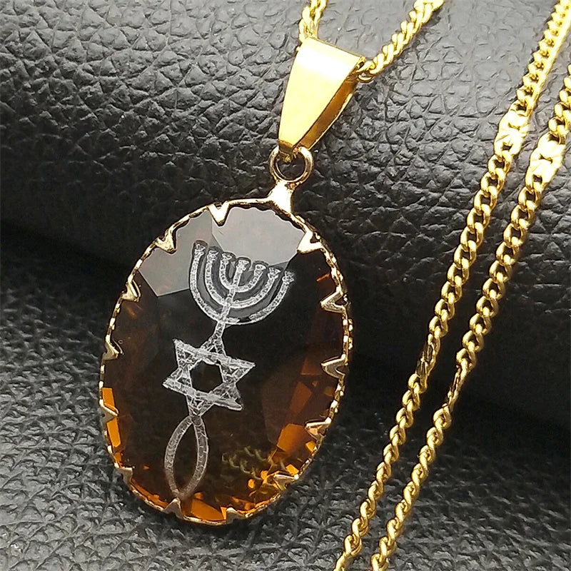 Gold Glass Menorah Star David Necklace for Unisex Fashion