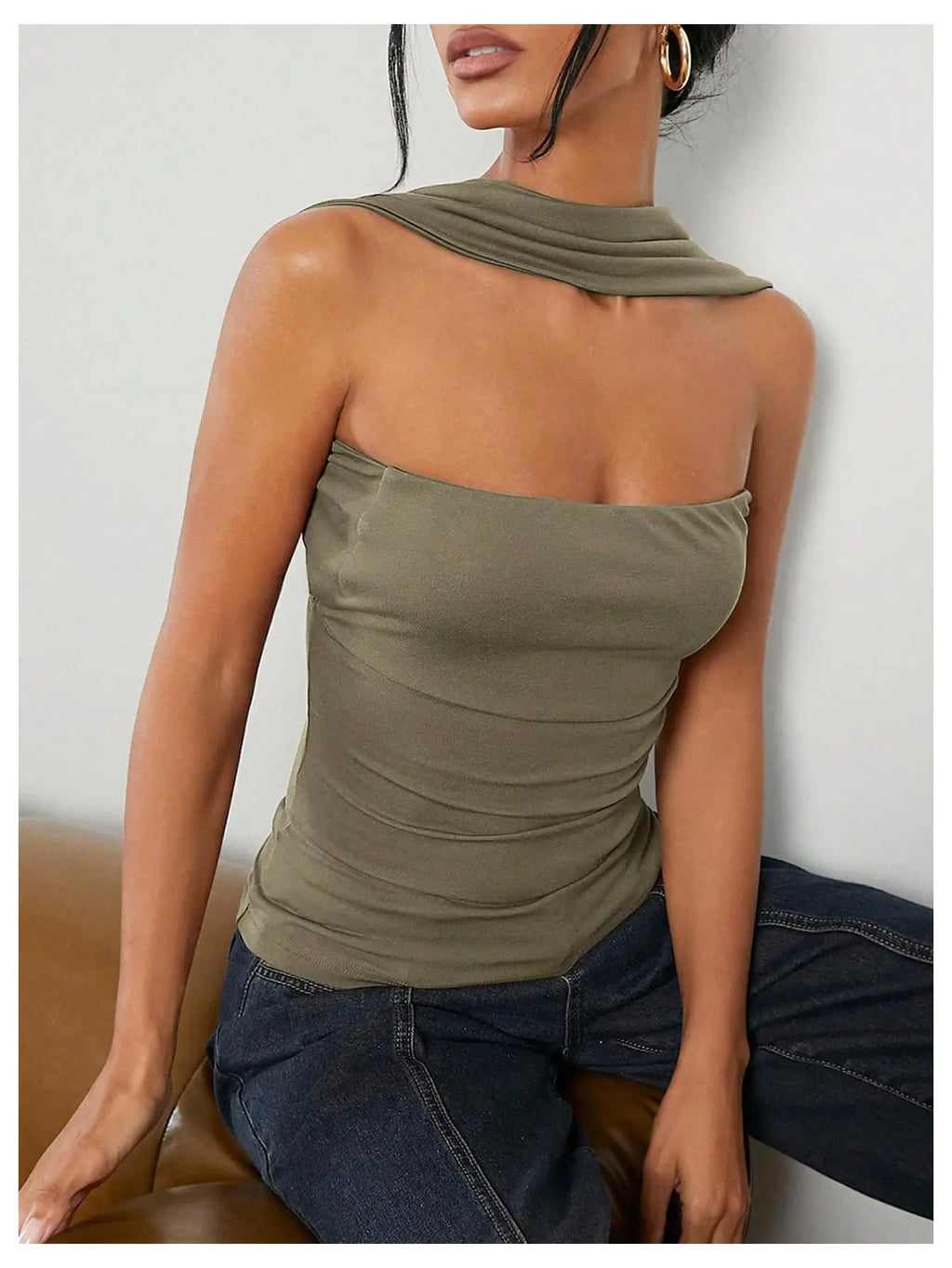 Women Sexy Ruched Strapless Halter Tube Top  Y2k Tanks Satin Silk Choker Neck Backless Tops