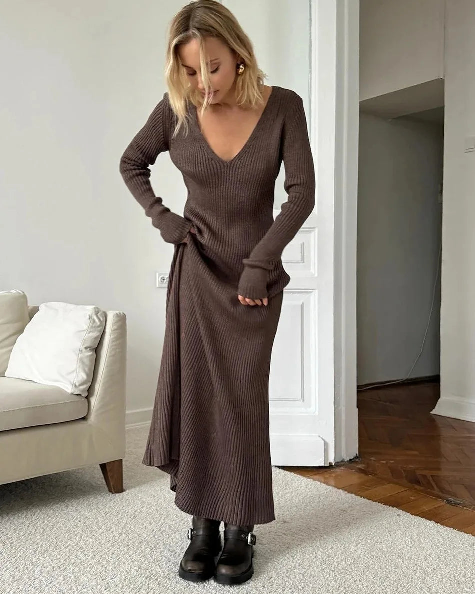 Elegant Brown Knitted Dress for Women with V Neck