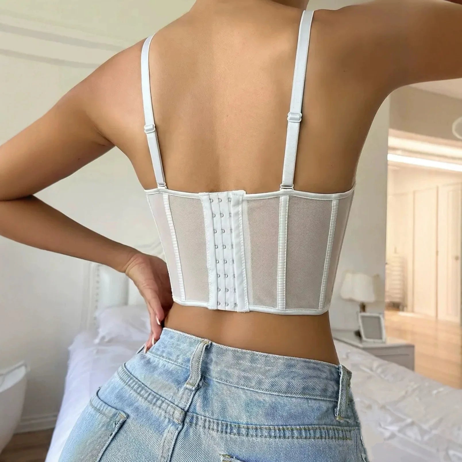 2026 Woman Clothing Top Women T-shirt Tank Top Female Clothes Tops Floral Halter Top See-through Mesh Sexy Fishbone Outerwear