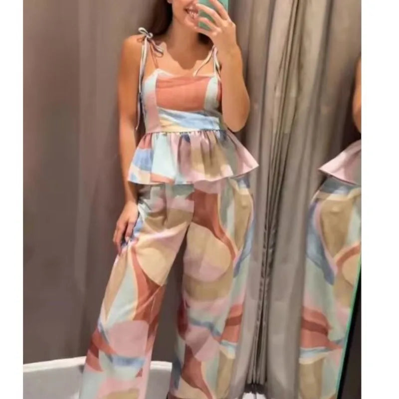 Chic Lace Trim Printed Pants Set for Women by MALEY LifeStyle