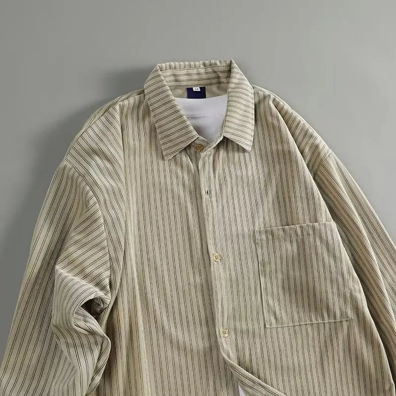 Retro Japanese Style Casual Loose Fit Corduroy Color Block Striped Long Sleeve Men's Shirt Autumn New Arrival Fashion Top