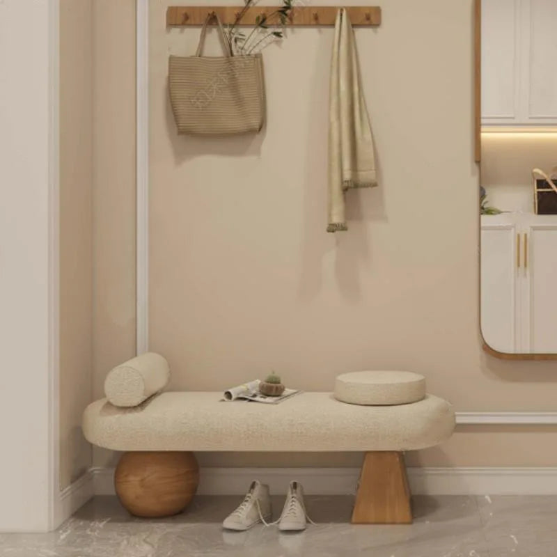 Modern White Cream Lounge Bench with Teddy Boucle Fabric