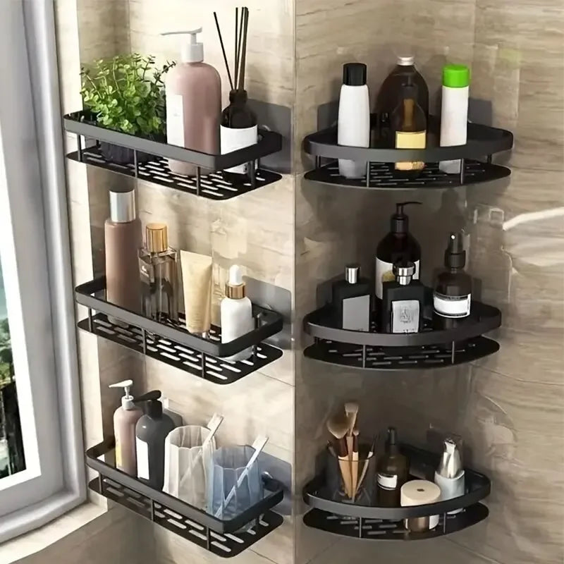 Black Space Aluminum Bathroom Storage Rack with No-Drill Mount