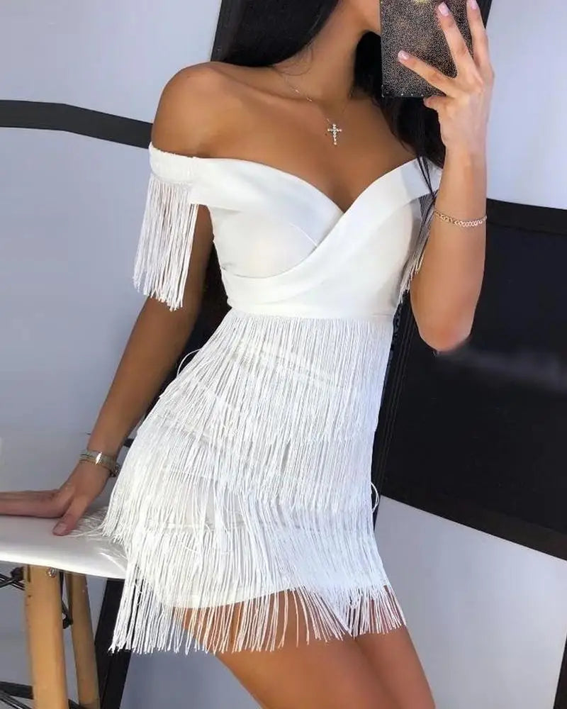 Elegant One-shoulder Fringed Skirt Dress for Women
