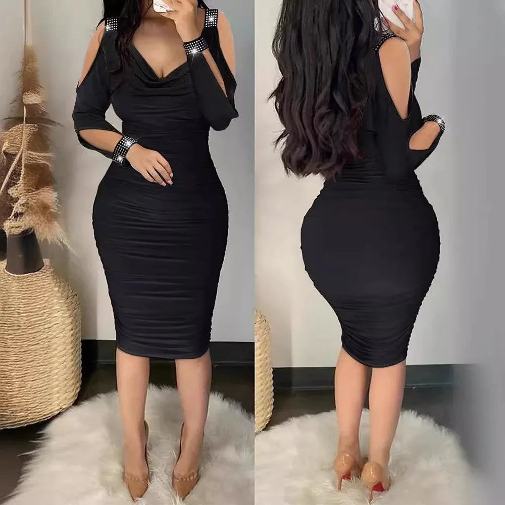 V-Neck Pleated Sheath Dress for Women in Solid Color