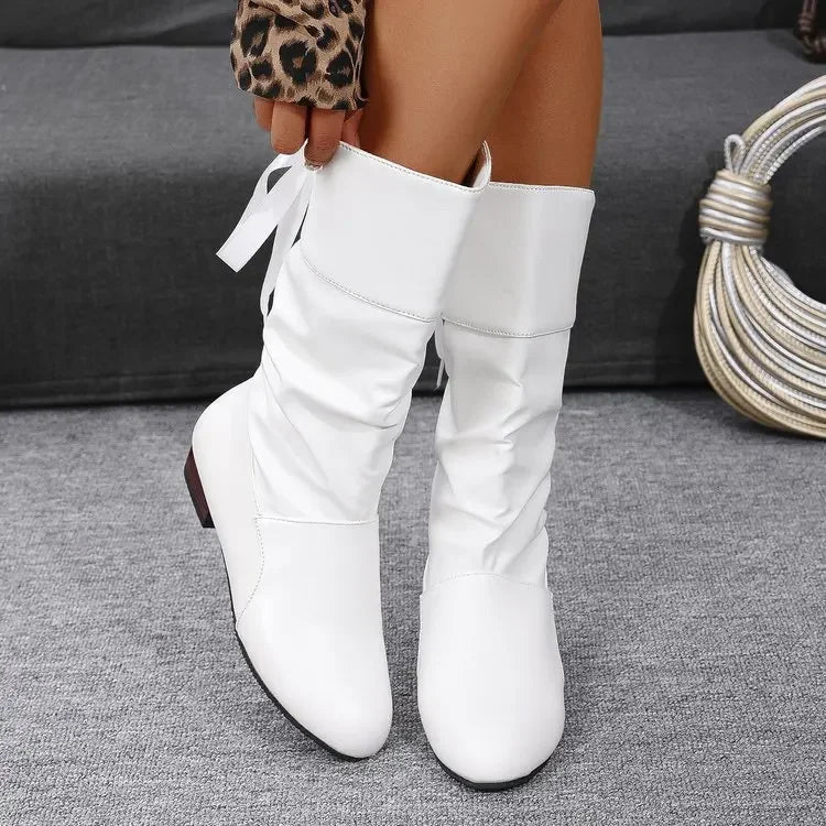 YBQJOO Women's Mid-Calf Chelsea Boots in Red, Black and White