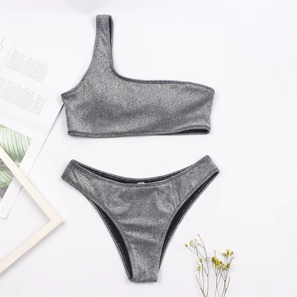 One Shoulder Glitter Bikini Set for Women by seagm