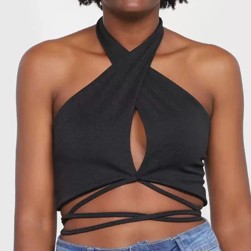 Solid Color Halter Neck Crop Top for Women