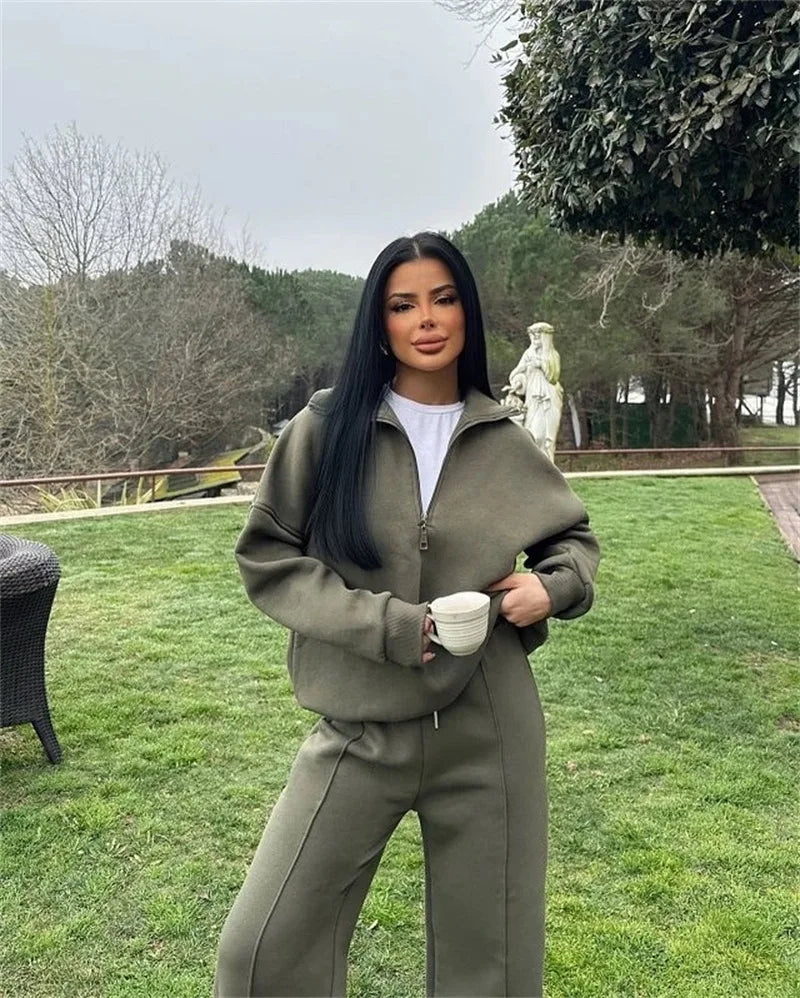 Solid Color Pullover Sweatshirt and Trousers Set for Women