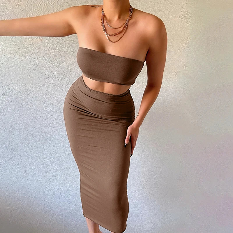 Hugcitar Women Strapless Tube Top Maxi Skirt 2 Piece Set