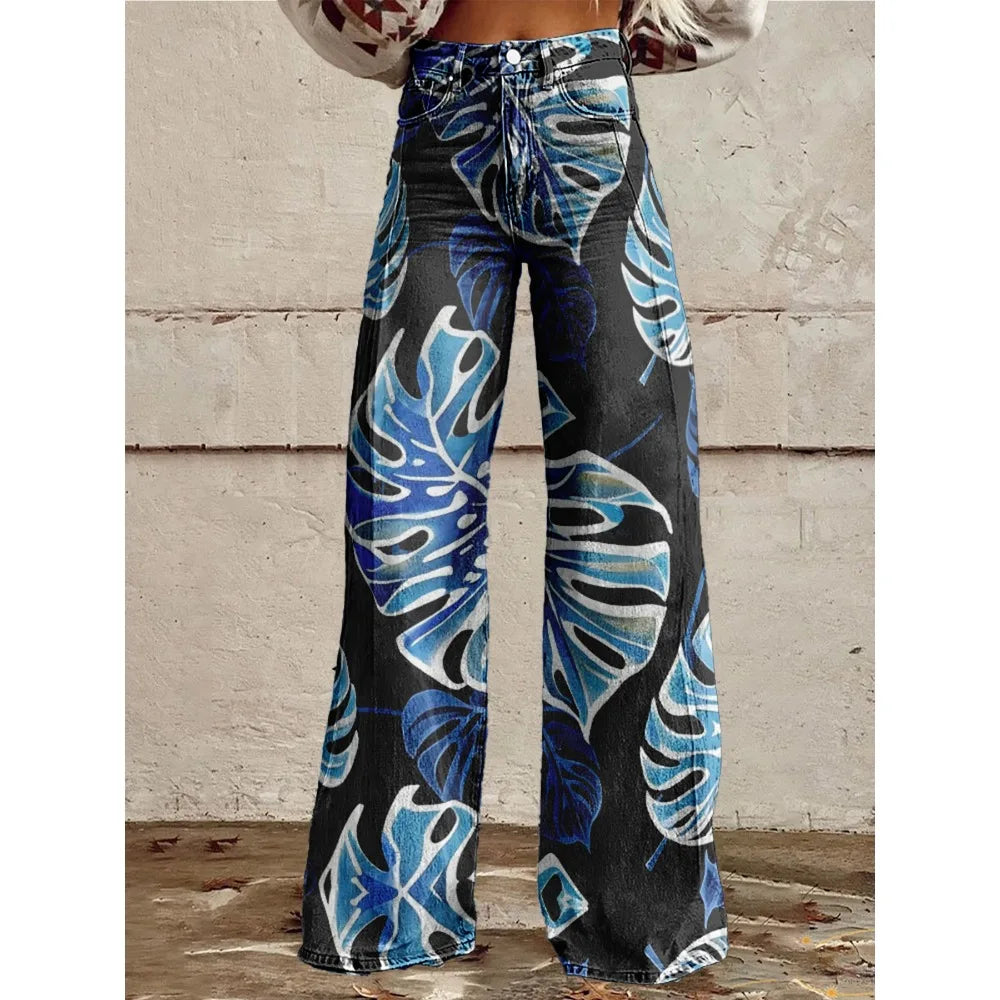 Colorful Tropical Leaf Print Wide Leg Pants for Women