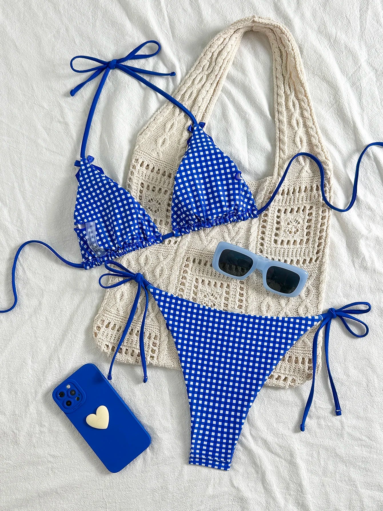 Women's Blue and White Plaid Two-Piece Bikini Set