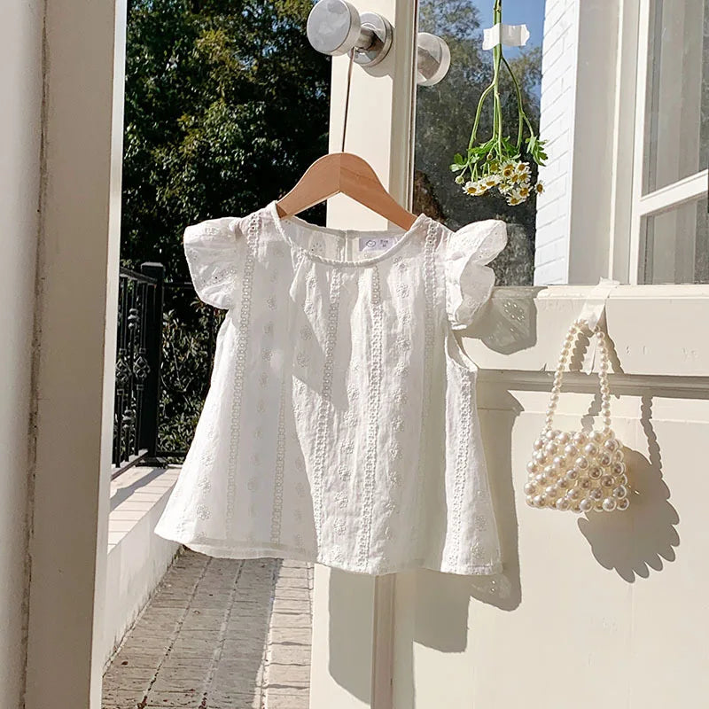Girls Summer Sleeveless Ruffled Top with Lace Trim