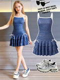 Faux Denim Print Suspender Dress for Girls Aged 7-13