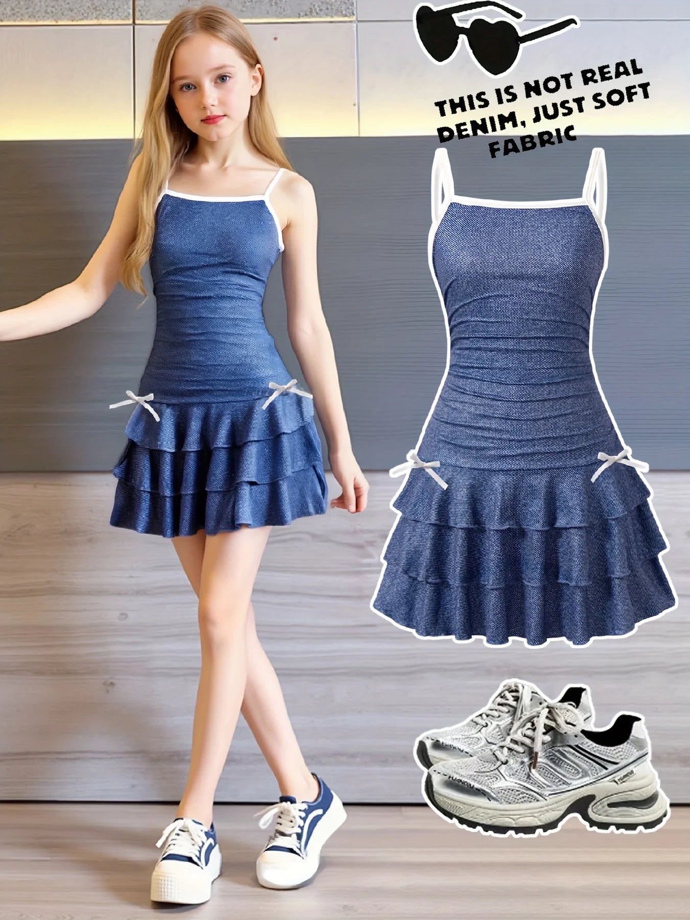 Faux Denim Print Suspender Dress for Girls Aged 7-13