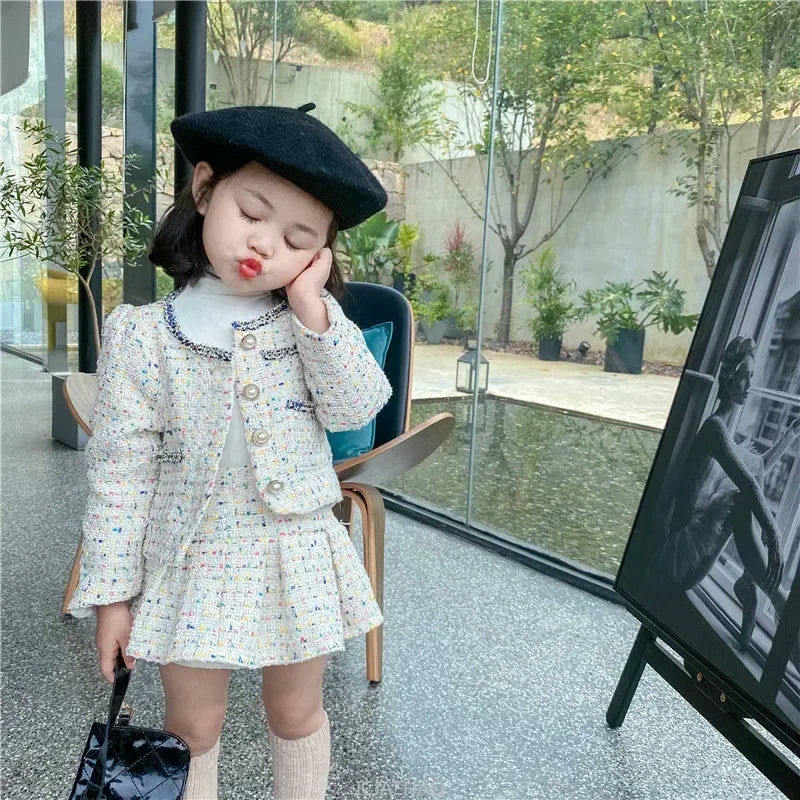 Girls Tweed Coat and Skirt Set for Kids Autumn Fashion