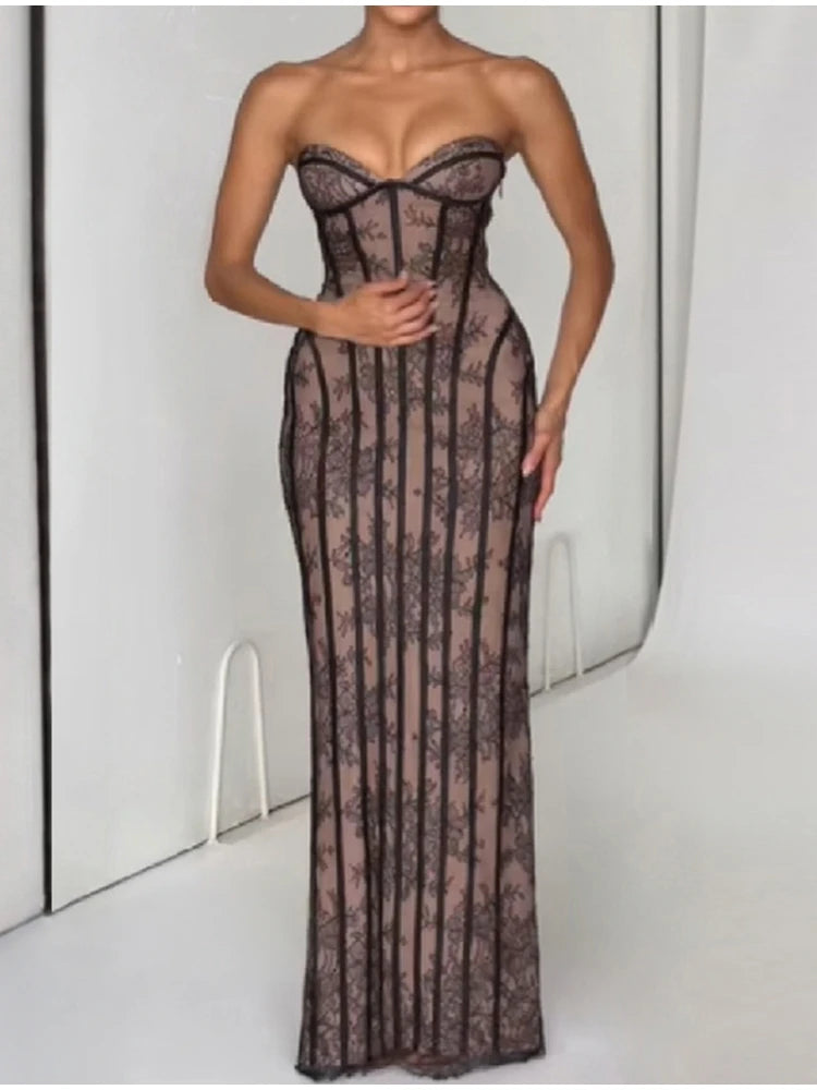 Elegant Floral Lace Strapless Slim Fit Dress for Women
