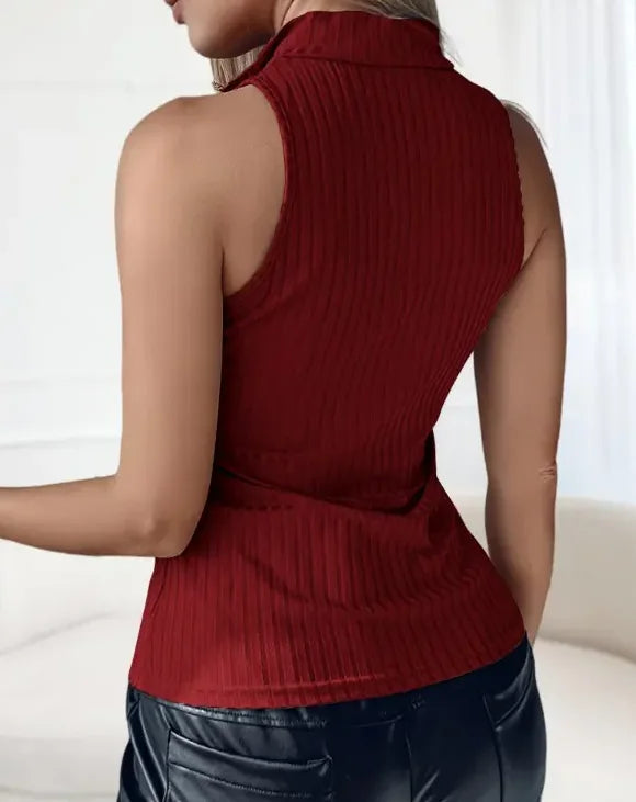 Women's Sexy Ribbed Tank Top - Slim Fit Stretchy High Elasticity, Stand-Up Collar & Wide Straps with Front Zipper, Semi-Sheer Bl