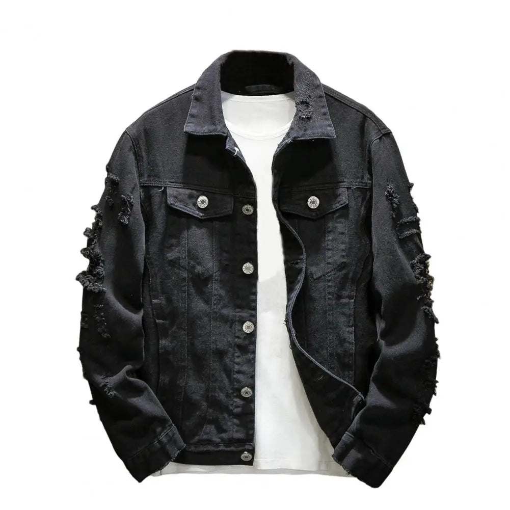 New 2024 Men's Fashion Jeans Jacket Solid Spring Autumn Cotton Denim Jacket Men White Black Pink Ripped Hole Jean Coats Male