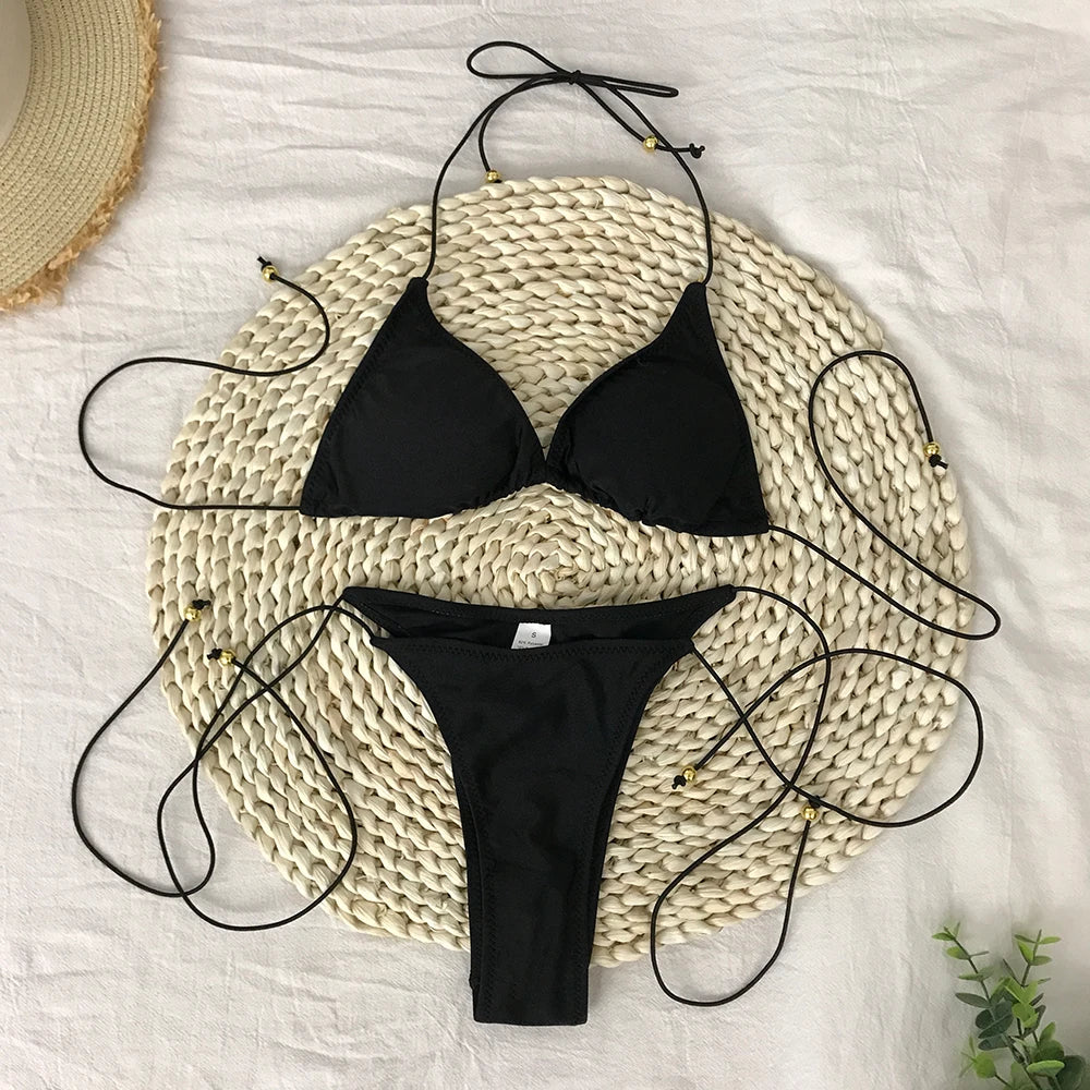 Micro Bikini Set for Women in Solid Polyester with Low Waist